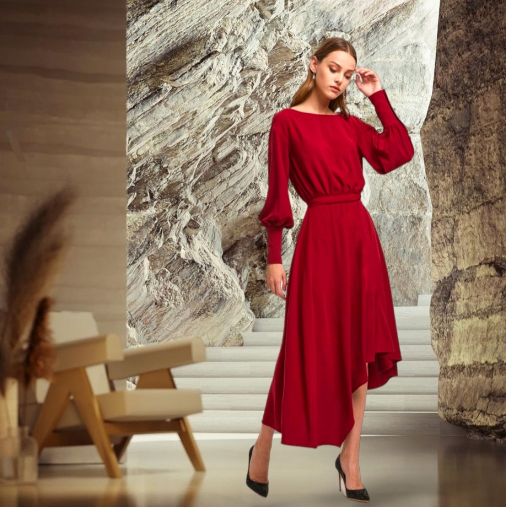 Lattelier Wide Neck Asymmetric Open Back Dress RED Size L LARGE $90 Long Sleeve